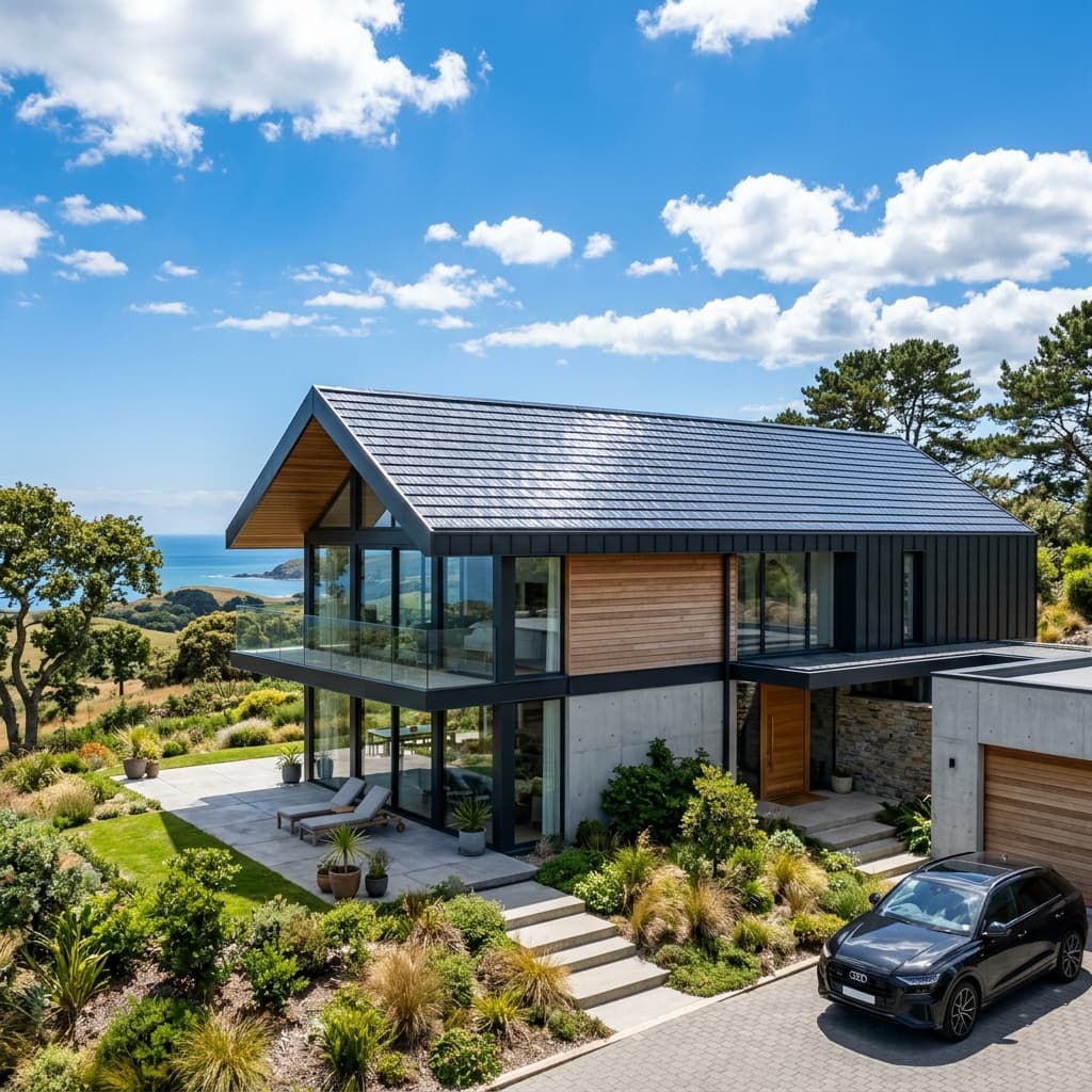 Modernes Haus mit Metalldach und PV-Anlage