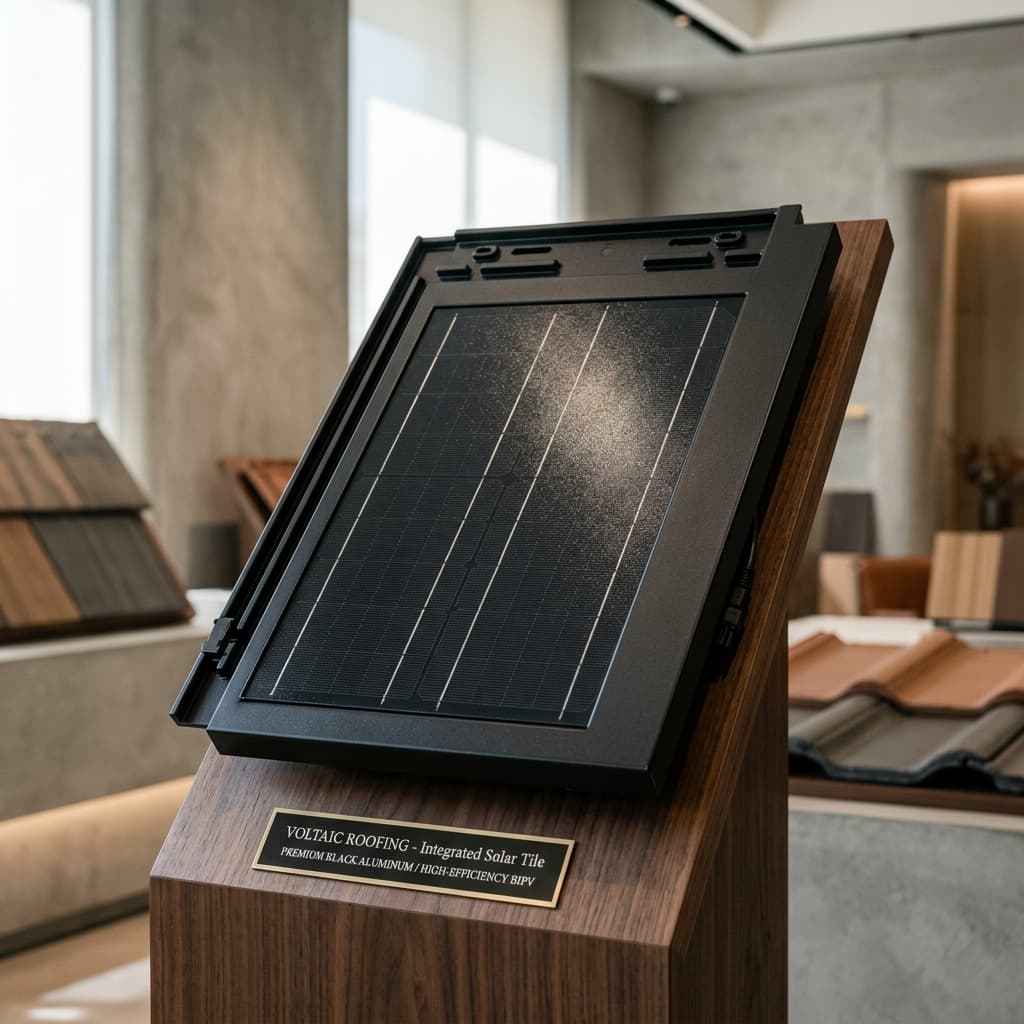 PV-Dachziegel im Showroom auf Holzsockel